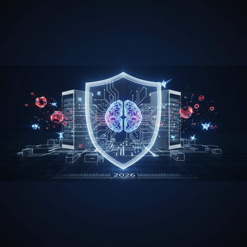 Futuristic server room, glowing holographic displays showing data visualizations and threat alerts. An analyst interacts with a touchscreen, advanced cybersecurity interfaces.