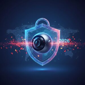 Sleek smart home interior with holographic AI security interface displaying camera feeds and smart locks. Integrated sensors subtly provide advanced protection.