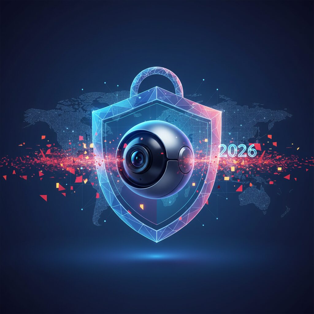 Sleek smart home interior with holographic AI security interface displaying camera feeds and smart locks. Integrated sensors subtly provide advanced protection.