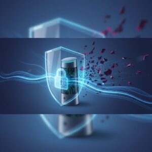 Modern home interior showcasing an AI-powered security camera with a sleek design, displaying a holographic interface overlaying security data, symbolizing advanced protection.