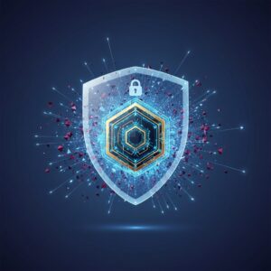 A futuristic digital vault glowing with secure energy, surrounded by abstract AI data streams, symbolizing advanced protection for personal information.