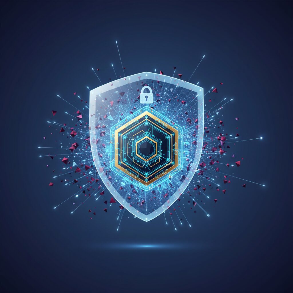 A futuristic digital vault glowing with secure energy, surrounded by abstract AI data streams, symbolizing advanced protection for personal information.