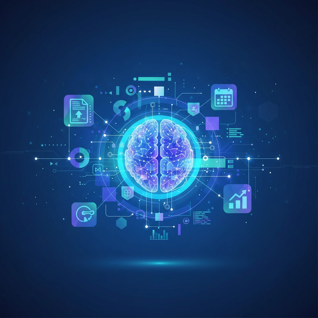 A modern, collaborative workspace with diverse professionals interacting with holographic data visualizations and intuitive AI interfaces, symbolizing enhanced productivity.