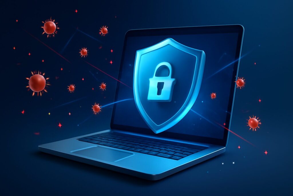 Futuristic digital shields and cyber elements on a blue tech background