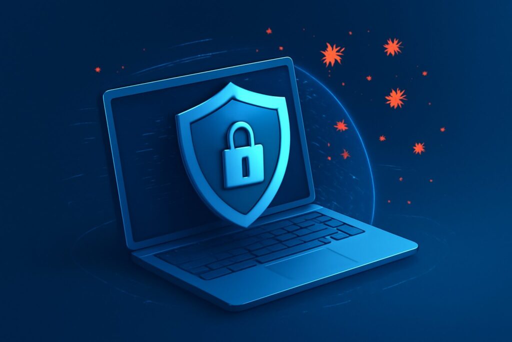 Digital shield over a network with glowing nodes and futuristic graphics