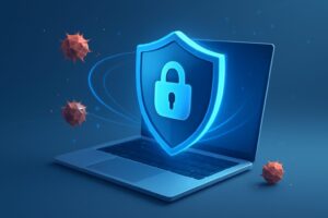 A digital scene showing various antivirus software shields arranged in a futuristic interface, with subtle lighting effects