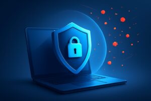 A futuristic computer screen displaying antivirus protection features in a modern setup