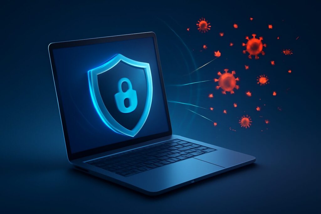 Modern digital security interface on a computer screen in a dark room