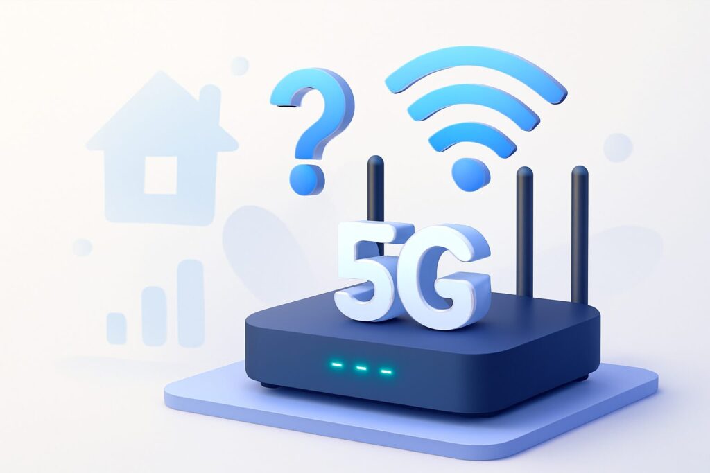 Modern home interior with a sleek 5G router on a wooden shelf