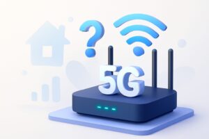 Modern home interior with a sleek 5G router on a wooden shelf