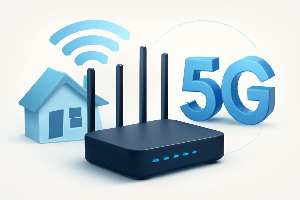 Modern home office setup with sleek 5G router on a wooden desk