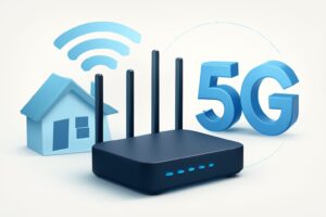 Modern home office setup with sleek 5G router on a wooden desk