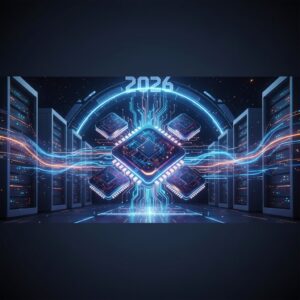 A futuristic server rack with glowing blue lights, displaying advanced AI processors and data streams, representing high-performance computing in 2026.