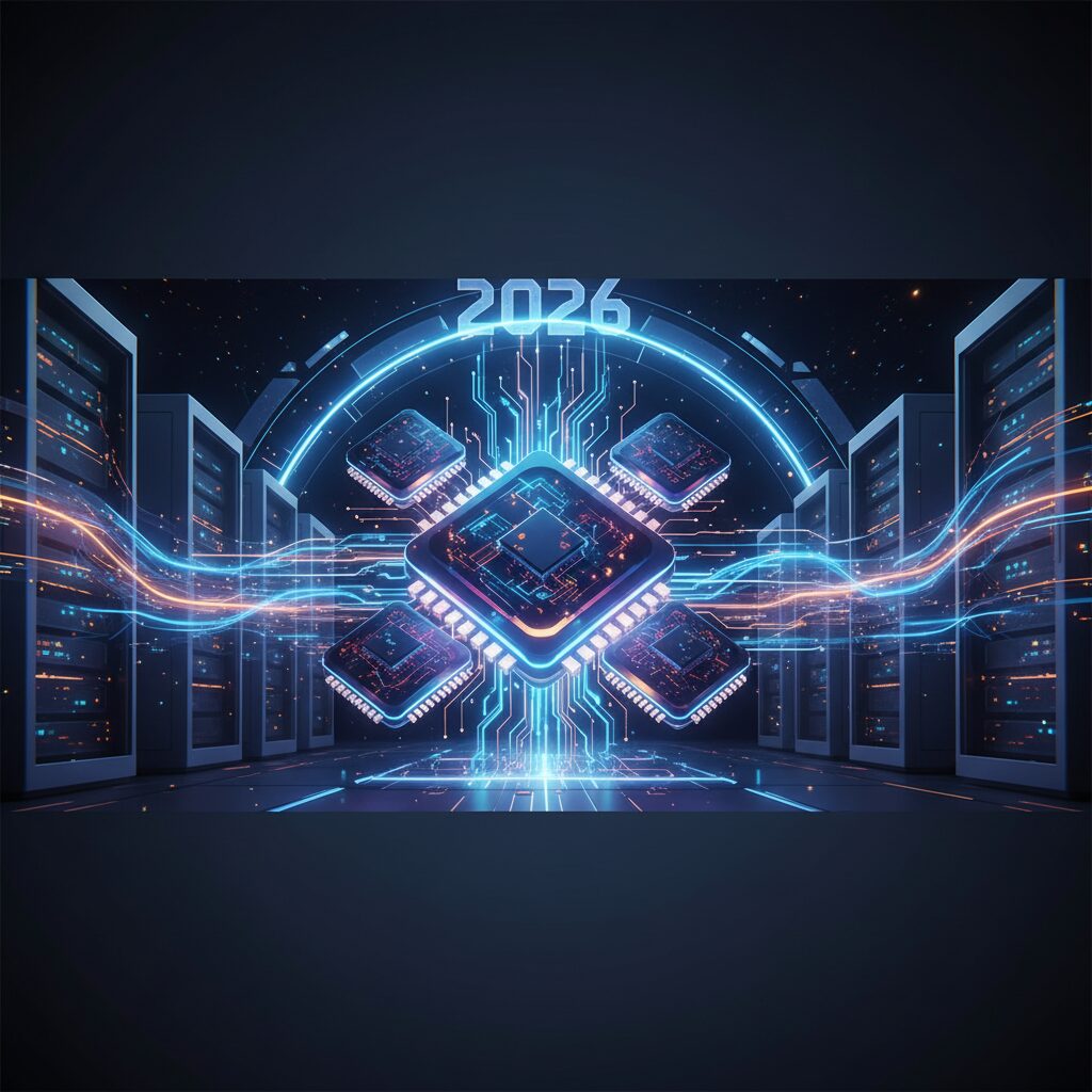 A futuristic server rack with glowing blue lights, displaying advanced AI processors and data streams, representing high-performance computing in 2026.