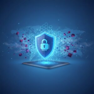 Small business professionals in a modern office, an abstract glowing AI shield protecting their digital network. Symbolizes advanced cybersecurity for 2026.
