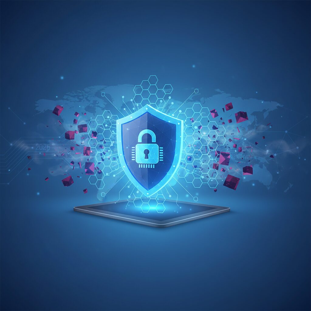 Small business professionals in a modern office, an abstract glowing AI shield protecting their digital network. Symbolizes advanced cybersecurity for 2026.
