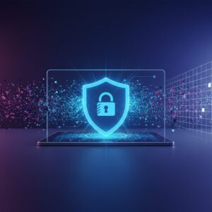 A sleek, futuristic interface displays cybersecurity metrics, with abstract AI elements hovering over a small business office setting. A padlock icon is subtly integrated.