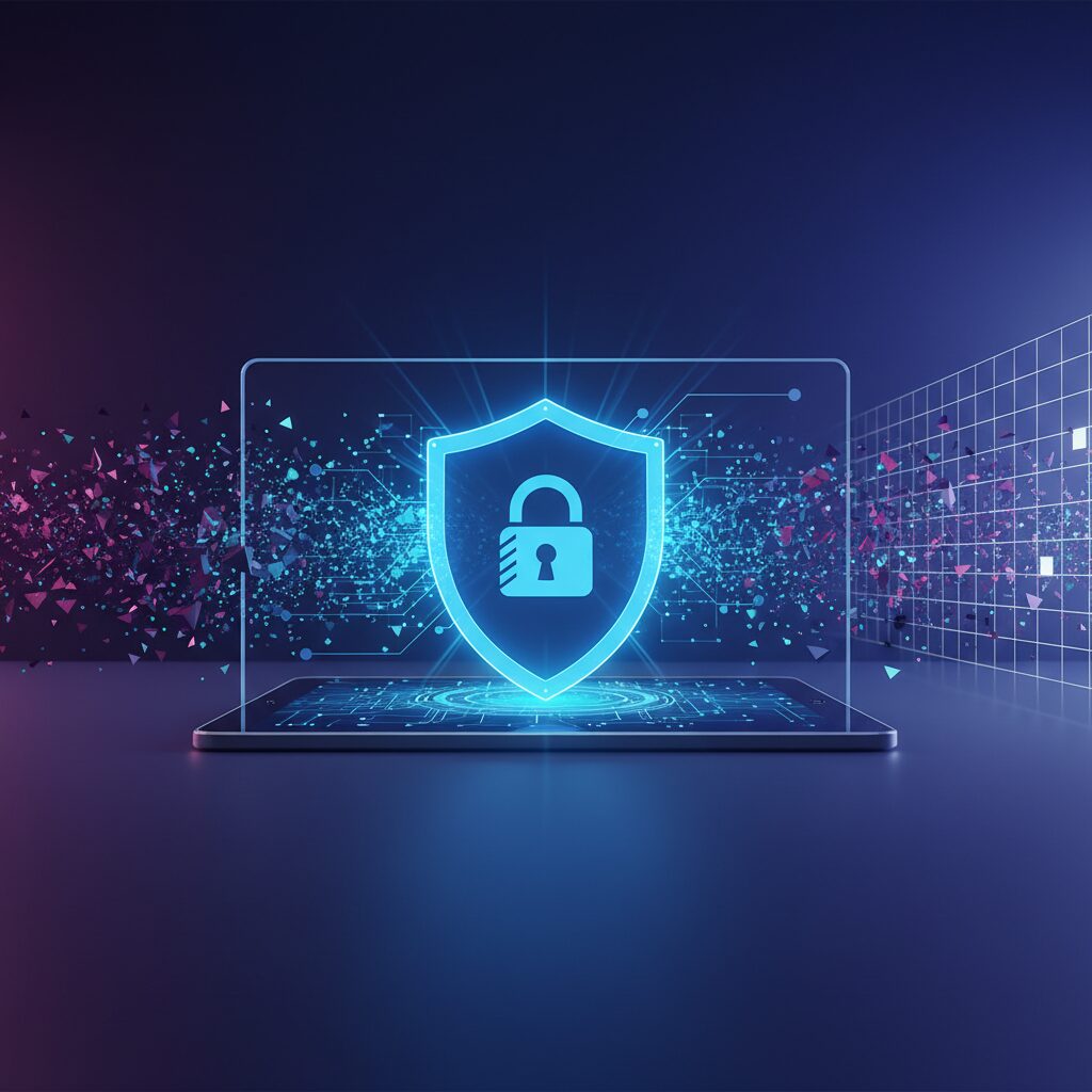 A sleek, futuristic interface displays cybersecurity metrics, with abstract AI elements hovering over a small business office setting. A padlock icon is subtly integrated.