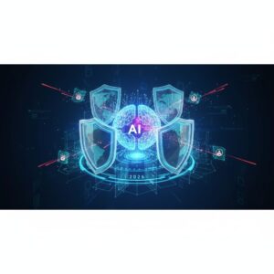 A futuristic cybersecurity interface displaying a network graph with glowing nodes, representing AI defending an enterprise system against threats.