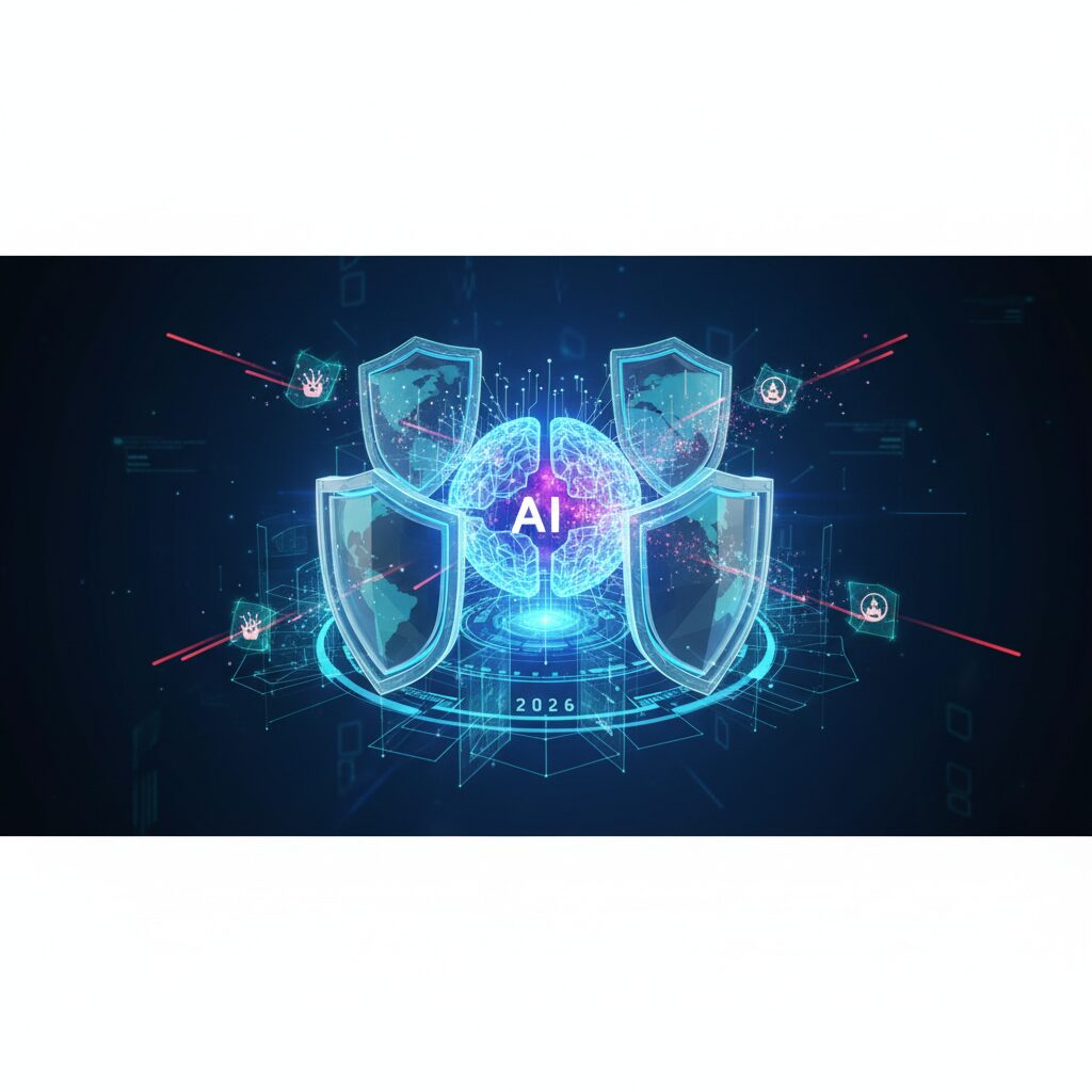 A futuristic cybersecurity interface displaying a network graph with glowing nodes, representing AI defending an enterprise system against threats.