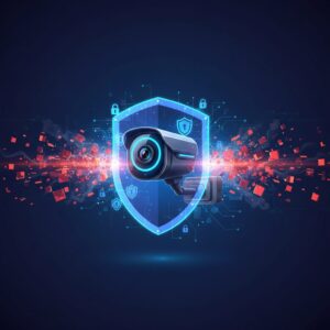 A futuristic AI home security camera, sleek and unobtrusive, integrated into a modern smart home exterior at twilight, with subtle digital elements indicating advanced surveillance.