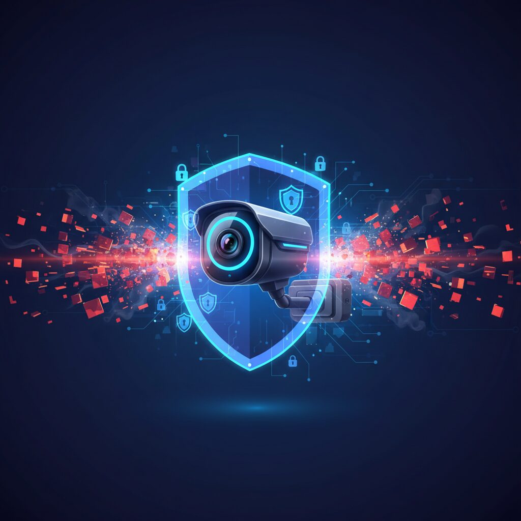 A futuristic AI home security camera, sleek and unobtrusive, integrated into a modern smart home exterior at twilight, with subtle digital elements indicating advanced surveillance.