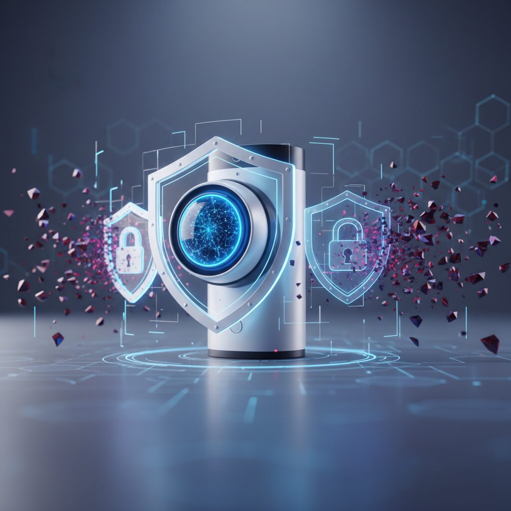 A futuristic smart home interior at night, with a subtle glowing holographic interface displaying security camera feeds. AI-powered sensors are subtly integrated into the modern decor, showing advanced home protection.