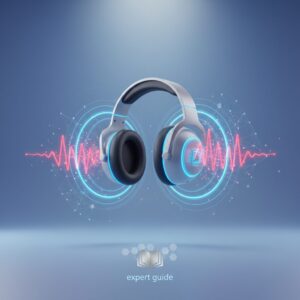 Sleek, futuristic AI-powered noise-cancelling headphones resting on a minimalist desk next to a glowing holographic soundwave display, implying advanced audio technology.