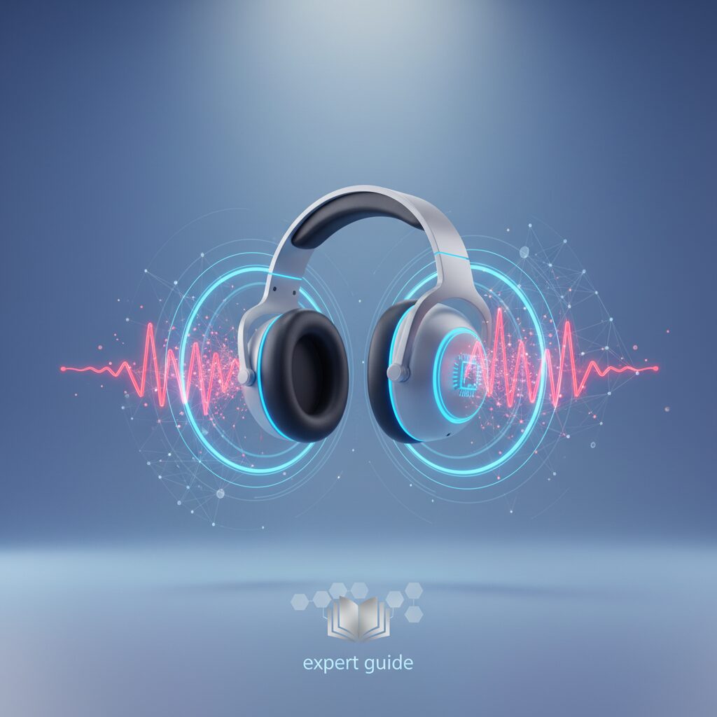 Sleek, futuristic AI-powered noise-cancelling headphones resting on a minimalist desk next to a glowing holographic soundwave display, implying advanced audio technology.
