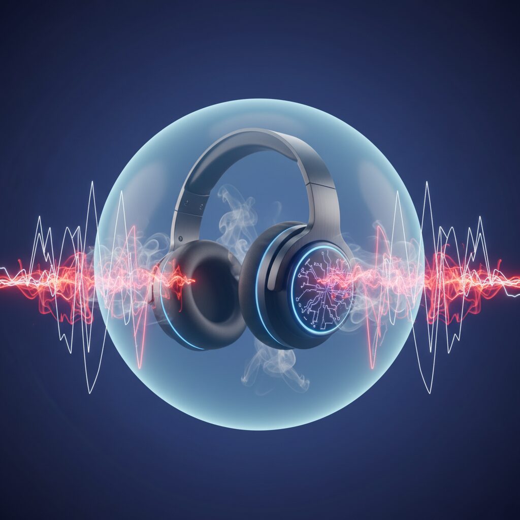A person wearing modern AI noise-cancelling headphones, serene amidst a blurred, busy city street, demonstrating advanced quiet technology in 2026.