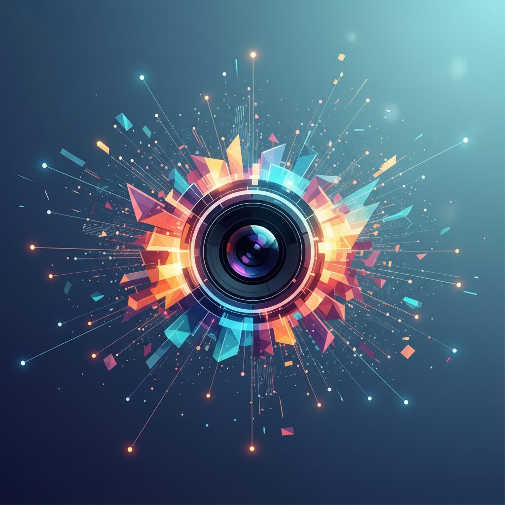 A person interacts with a futuristic digital interface, editing a photo with AI tools, showing a vibrant, enhanced image on screen.