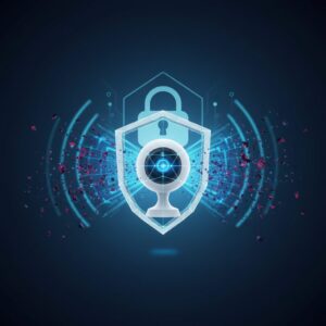 A sleek, futuristic AI home security camera with glowing blue accents mounted discreetly in a modern living room, monitoring the space.