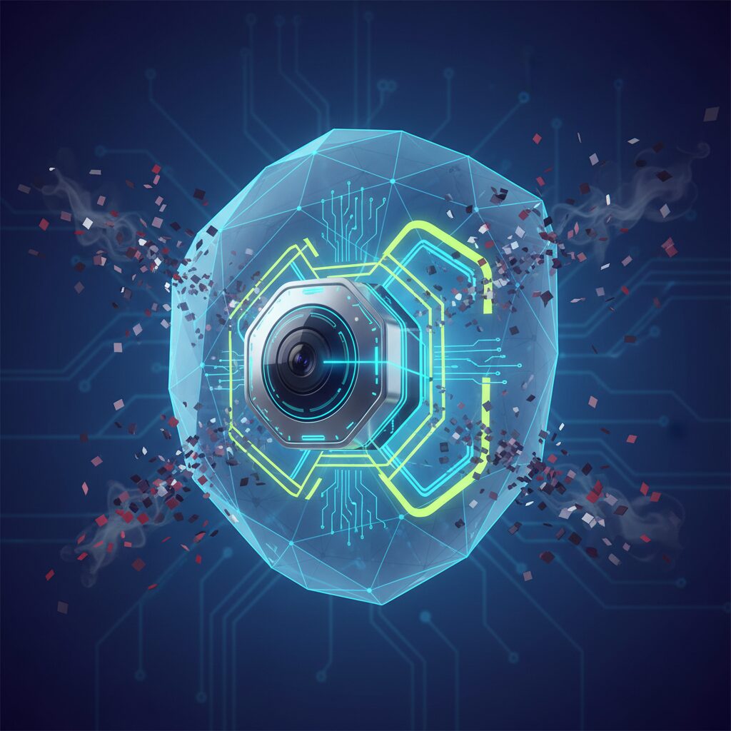 A sleek, modern AI-powered security camera with a glowing blue light, positioned near a smart home tablet displaying a live feed in a contemporary setting.