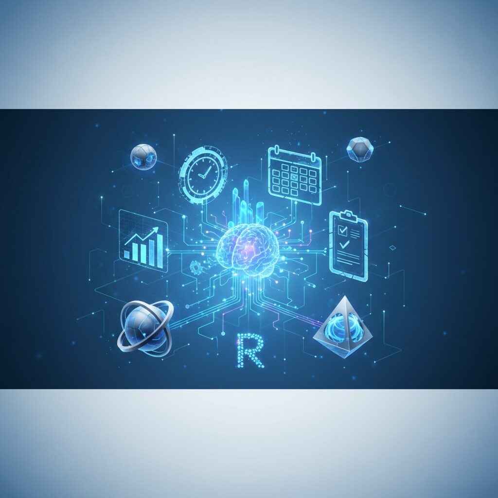 A professional in a modern, sleek office seamlessly interacting with holographic interfaces and smart devices, highlighting AI personal assistants for peak productivity.