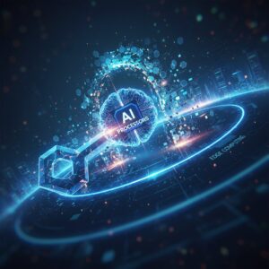 Several advanced microchips or processors glowing with circuitry on a dark, futuristic background, representing powerful AI processing at the edge of a network with data streams flowing around them.