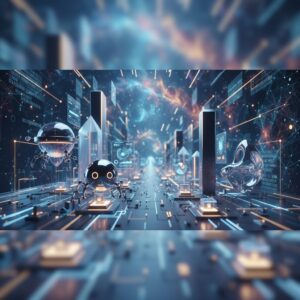 A professional working on a laptop with an overlay of futuristic AI interfaces and holographic data visualizations, symbolizing enhanced productivity.