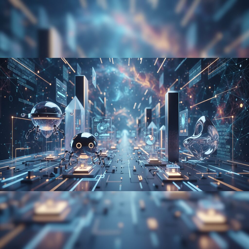 A professional working on a laptop with an overlay of futuristic AI interfaces and holographic data visualizations, symbolizing enhanced productivity.