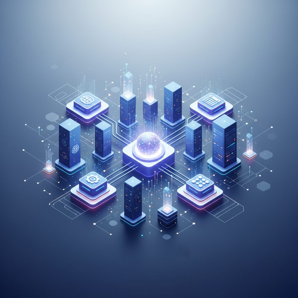 A professional working at a modern desk, surrounded by glowing holographic interfaces displaying data and AI tools for enhanced productivity.