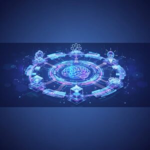 A futuristic office setting with diverse professionals collaborating seamlessly, aided by holographic interfaces displaying AI-driven data and automated tasks. Focus on efficiency and innovation.
