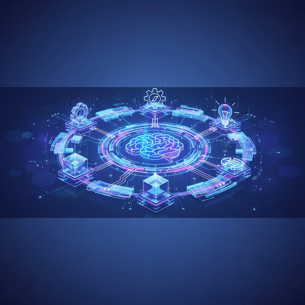 A futuristic office setting with diverse professionals collaborating seamlessly, aided by holographic interfaces displaying AI-driven data and automated tasks. Focus on efficiency and innovation.