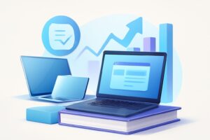 A variety of laptops in different colors and brands on a wooden desk