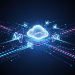 A person immersed in a futuristic gaming experience, holding a sleek controller, with glowing digital interfaces projecting around them, symbolizing seamless cloud connectivity.