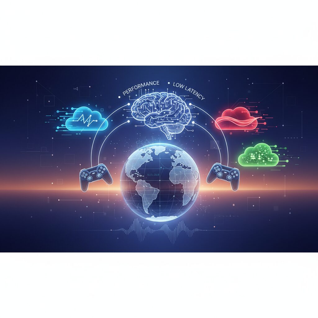 A gamer playing a cloud game on a futuristic transparent screen. Abstract cloud servers and global player icons in the background symbolize performance and community.