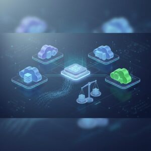 Abstract secure data flow through a futuristic cloud network. Glowing lines connect digital devices to an ethereal cloud symbol, conveying modern reliability and accessibility.