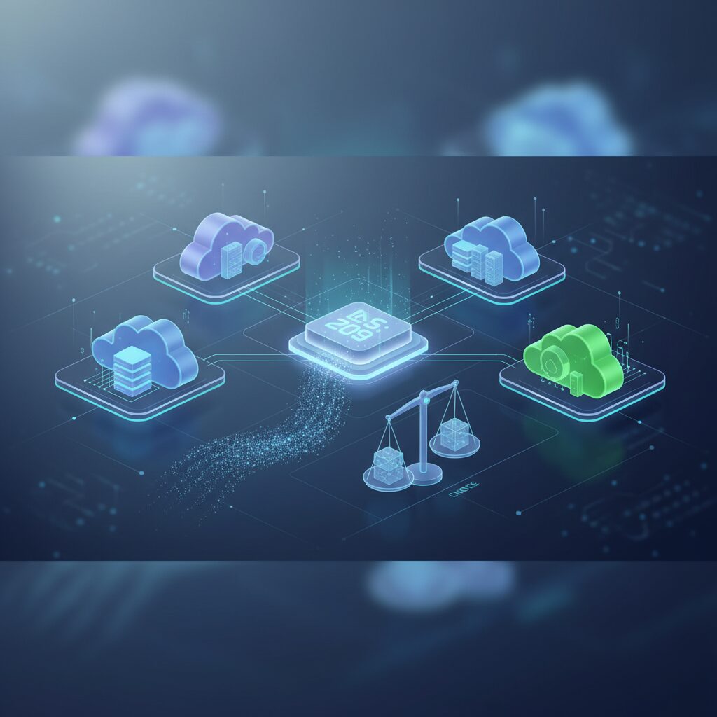 Abstract secure data flow through a futuristic cloud network. Glowing lines connect digital devices to an ethereal cloud symbol, conveying modern reliability and accessibility.