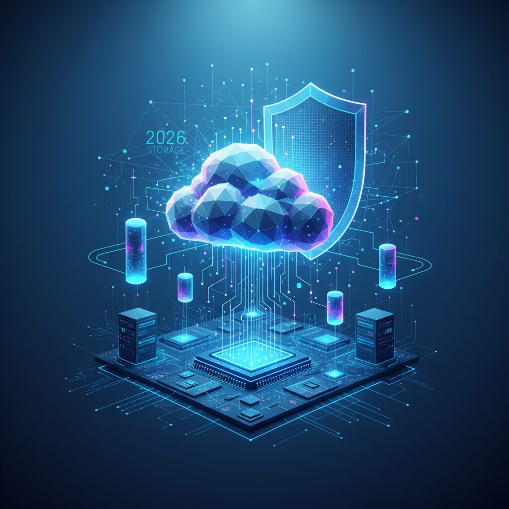A futuristic data center with glowing blue digital streams connecting abstract cloud shapes, symbolizing secure, vast, and accessible cloud storage.