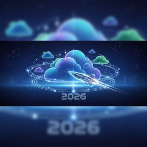 A futuristic, secure data center with glowing servers and holographic interfaces symbolizing advanced cloud storage technology for 2026.