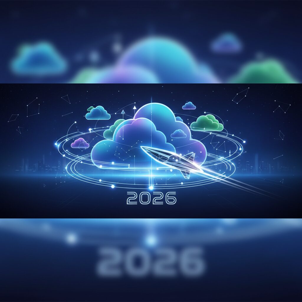 A futuristic, secure data center with glowing servers and holographic interfaces symbolizing advanced cloud storage technology for 2026.