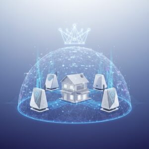Sleek, futuristic mesh Wi-Fi system nodes strategically placed in a modern, open-plan home, with faint wireless signals emanating to cover all areas.