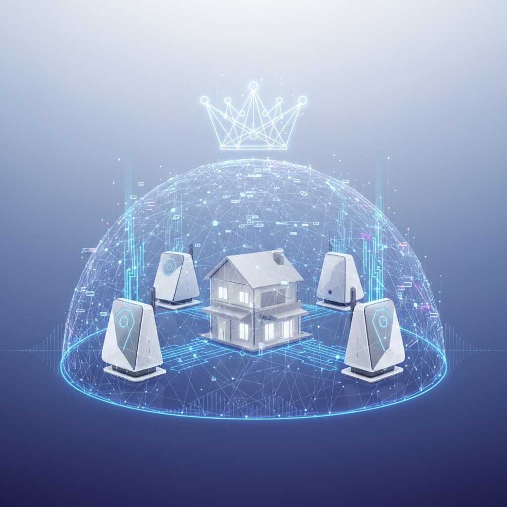 Sleek, futuristic mesh Wi-Fi system nodes strategically placed in a modern, open-plan home, with faint wireless signals emanating to cover all areas.